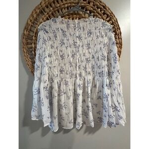 Adiva Women White Blue Floral Smocked Babydoll Bell Sleeve Boho Coquette Top S